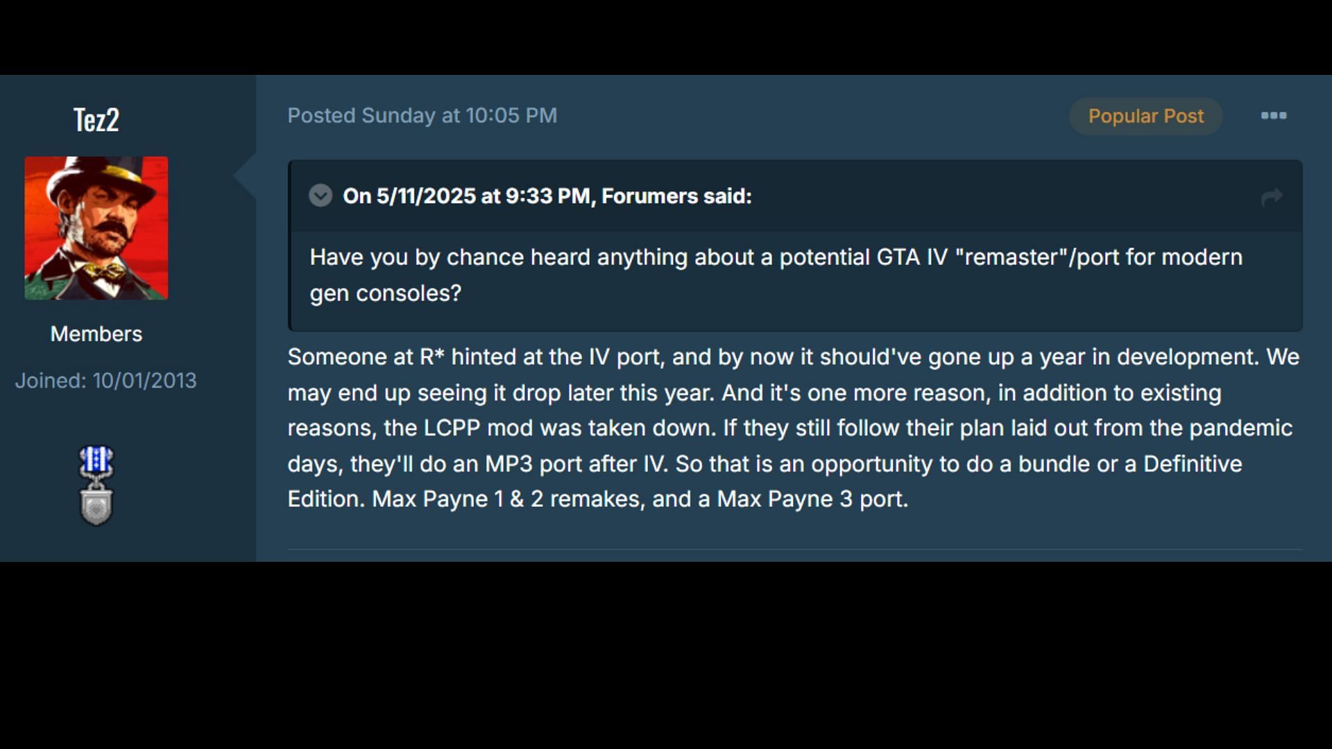 Reputed Rockstar insider suggests GTA 4 remastered release date may arrive later this year (Image via GTAForums)